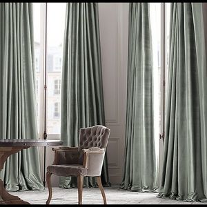 RH silver sage Thai silk drapes